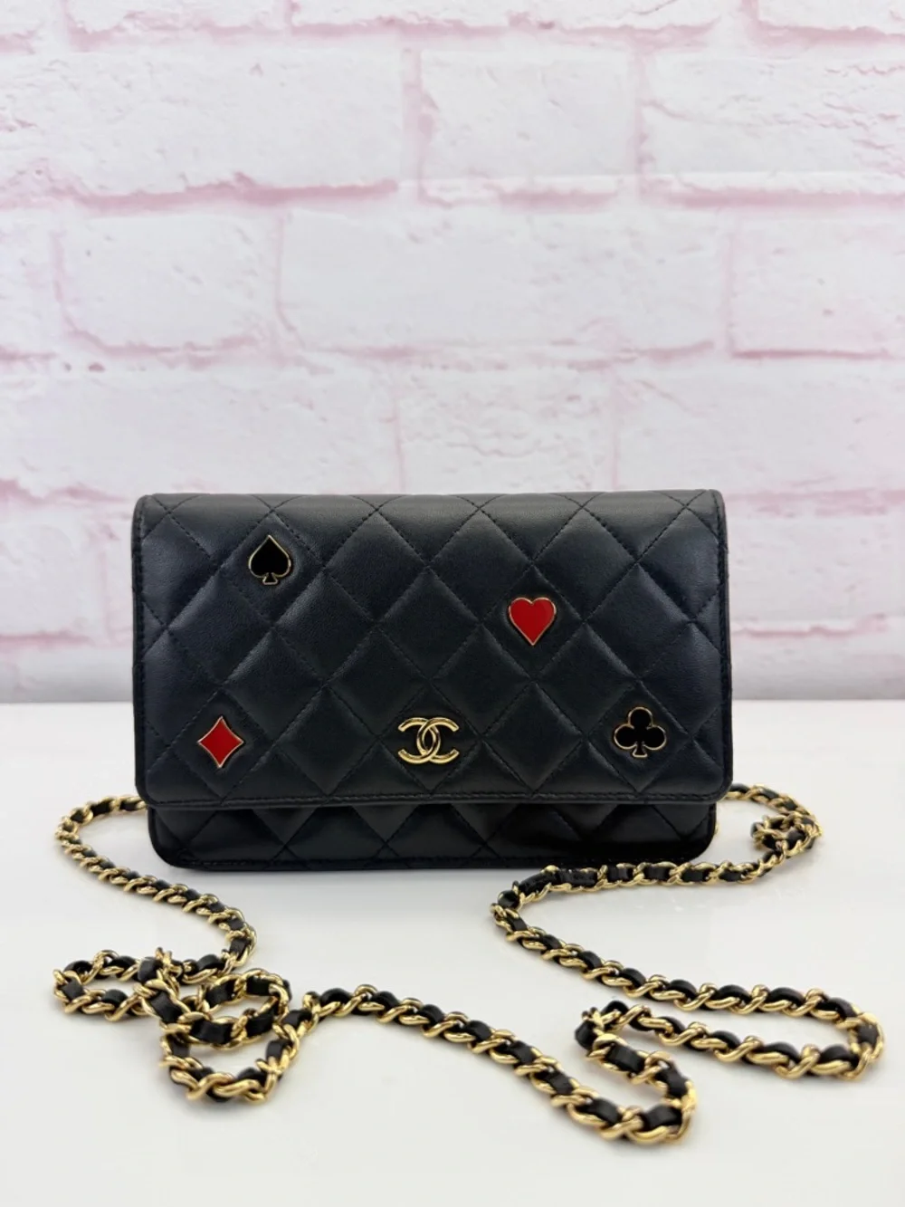 CHANEL Lambskin Quilted Enamel Coco Casino Wallet On Chain WOC Black